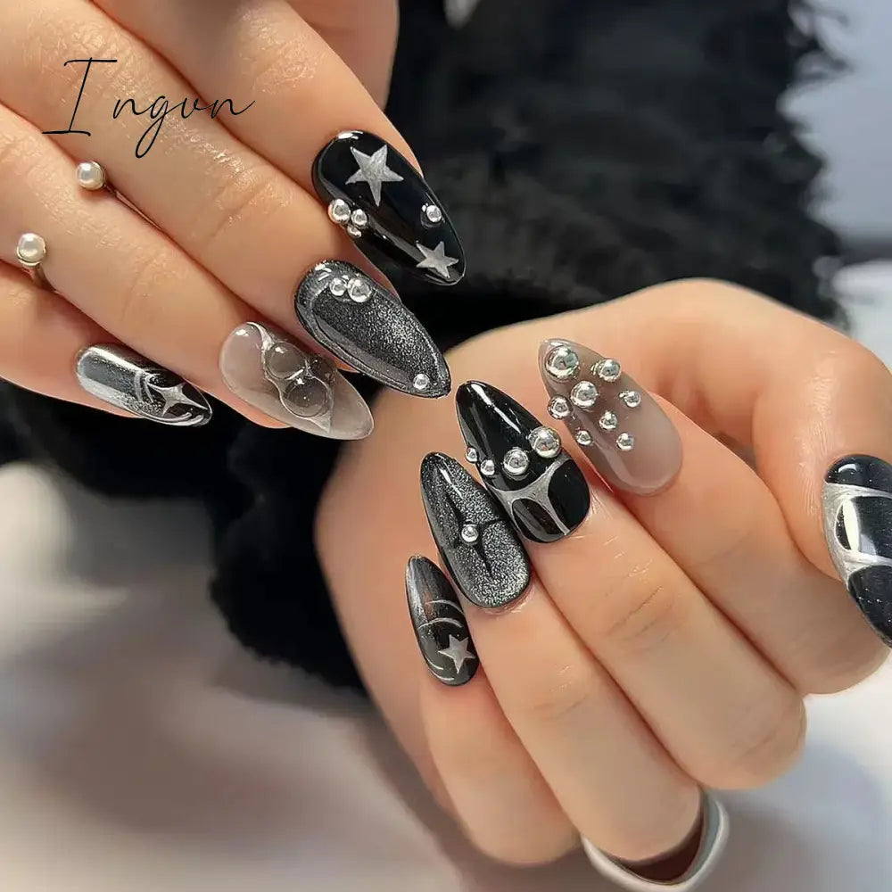 24Pcs Y2k Nails Set Press On False Nails Coffin Fake Nails with Charm Gradient Black Designs Reusable Artificial Nail Tips 2024