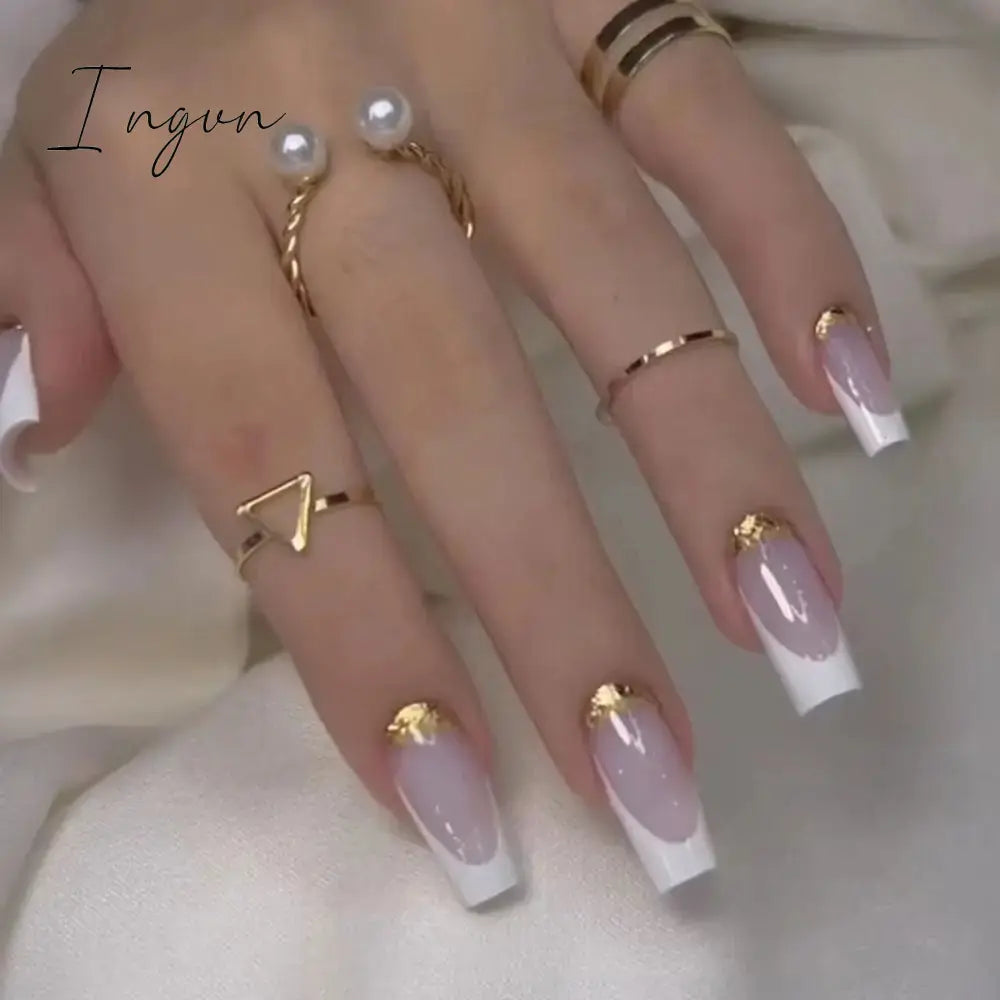 24pcs Mid-length Simple Smudged False Nails Wearable French Ballerina Fake Nails Full Cover Nail Tips Set Press On Nails