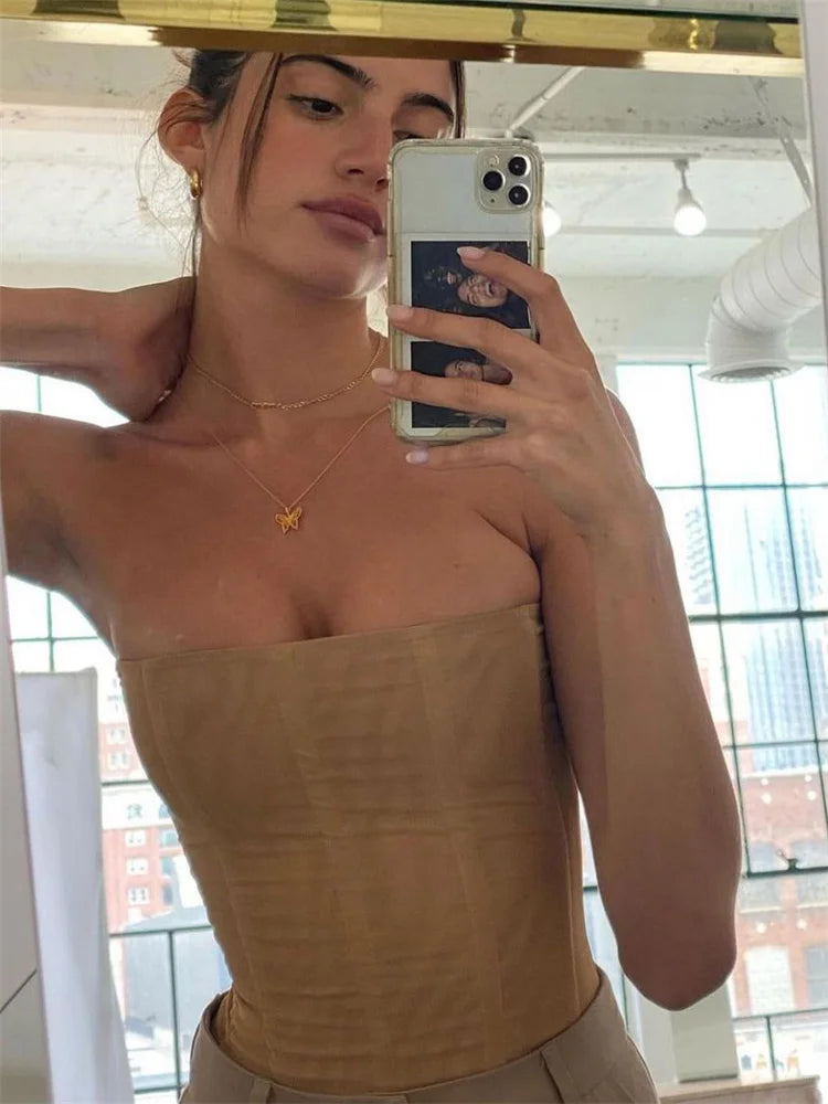 Mesh Backless Summer Vest Female Elegant Luxury Patchwork Strapless Solid Slim Streetwear Inner Sexy Y2k Tank Top Women's