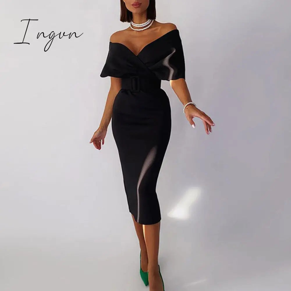 Ingvn - Autumn Elegant Dress Fashion Off shoulder V-neck High Waist Belt Slim Party Evening Dress Women
