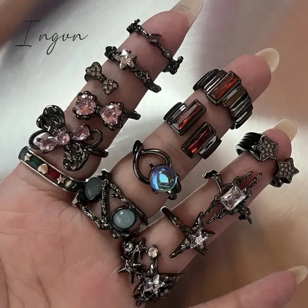 Fashion Gothic Animal Black Zircon Rings Y2K Star Crystal Opal Ring Goth Spider Butterfly Rings for Women Girl Aesthetic Jewelry