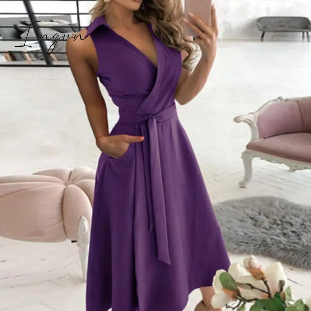 Ingvn - v neck long sleeve spring summer printed dress