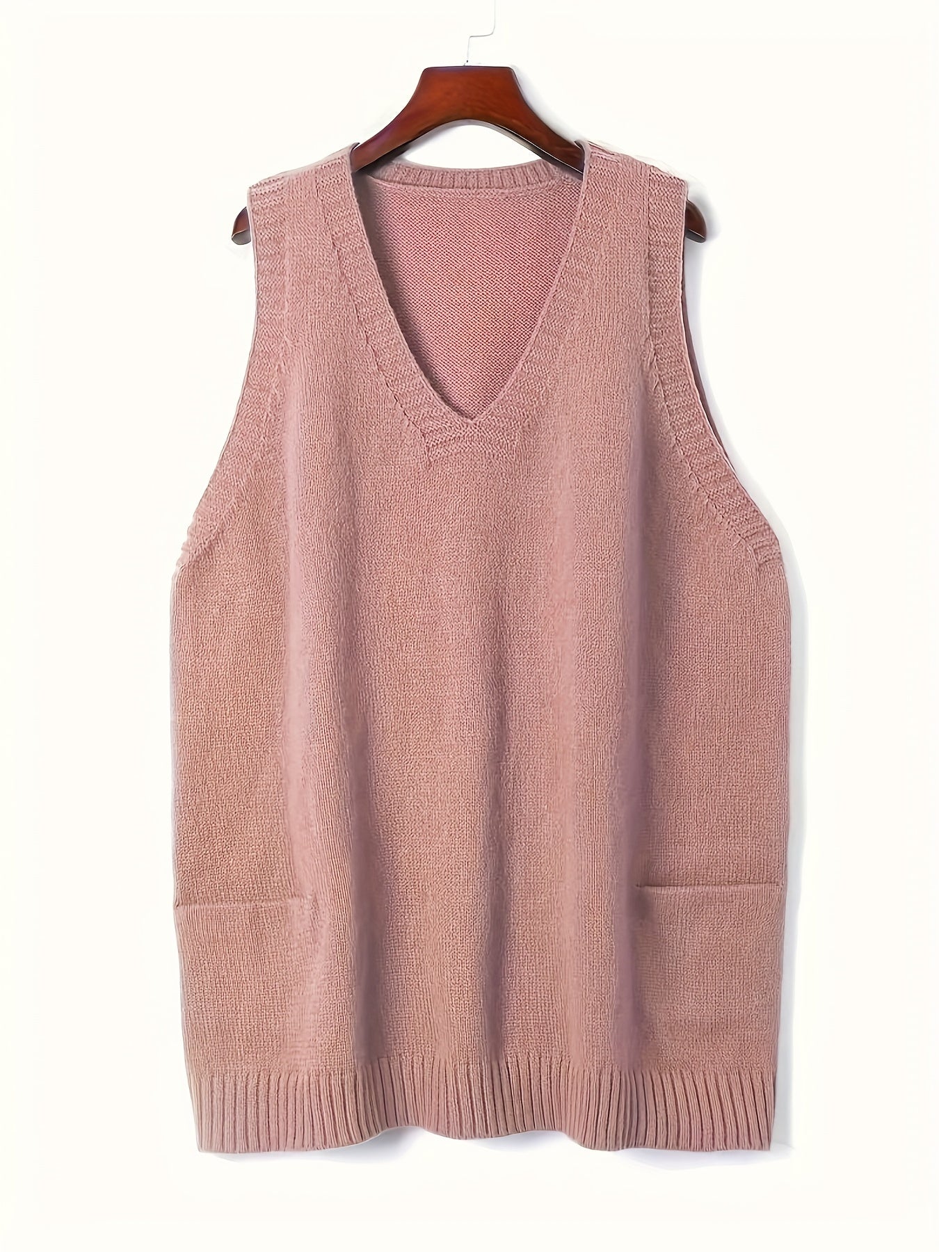 2024 Spring/Fall New Arrival V-Neck Knitted Vest with Pockets, Casual Large Size Pullover Cardigan, Solid Color, Polyester, No Bra Pad, for Casual Outings