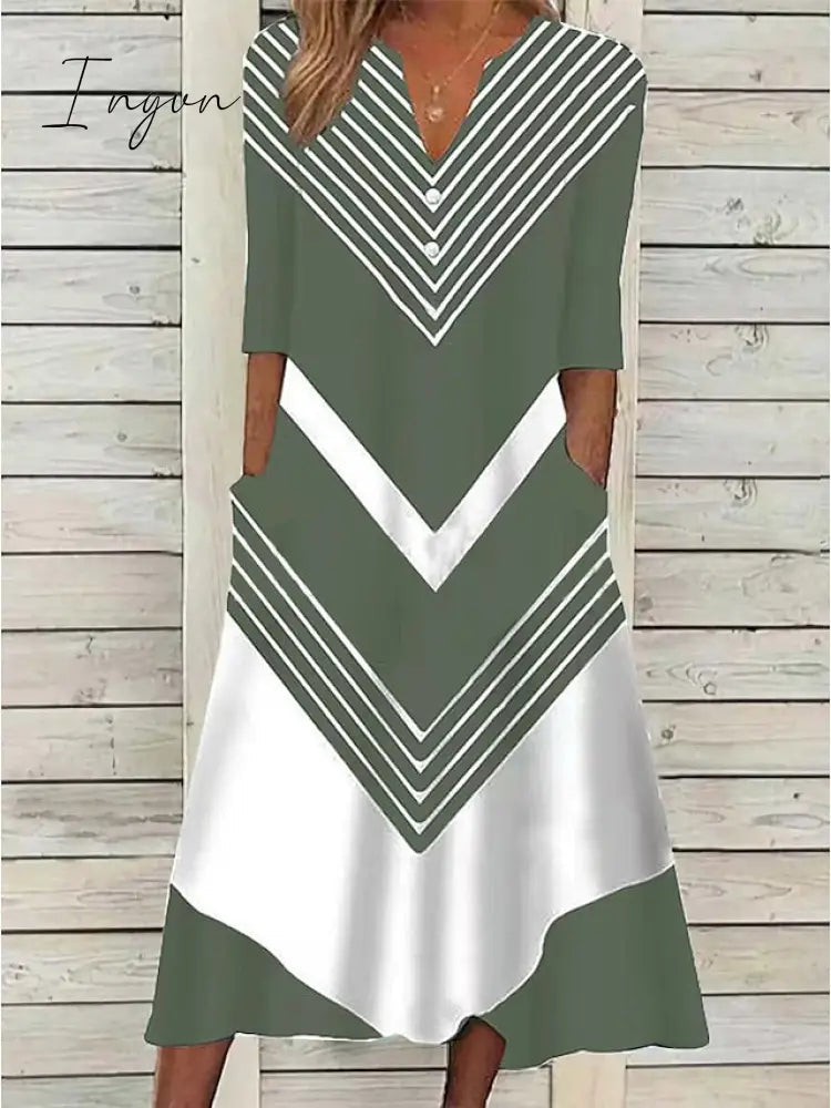 Ingvn - Women's Casual Dress Shift Dress Midi Dress Black and white stripes Green Dark Blue Half Sleeve Color Block Button Summer Spring V Neck Basic Vacation 2023 S M L XL XXL 3XL