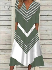 Ingvn - Women's Casual Dress Shift Dress Midi Dress Black and white stripes Green Dark Blue Half Sleeve Color Block Button Summer Spring V Neck Basic Vacation 2023 S M L XL XXL 3XL
