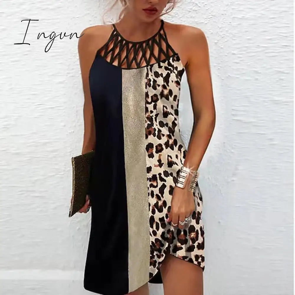 Ingvn - Women's Casual Dress Halter Neck Dress Midi Dress Leopard Black Wine Sleeveless Geometric Cut Out Summer Spring Halter Fashion Vacation 2023 S M L XL XXL 3XL