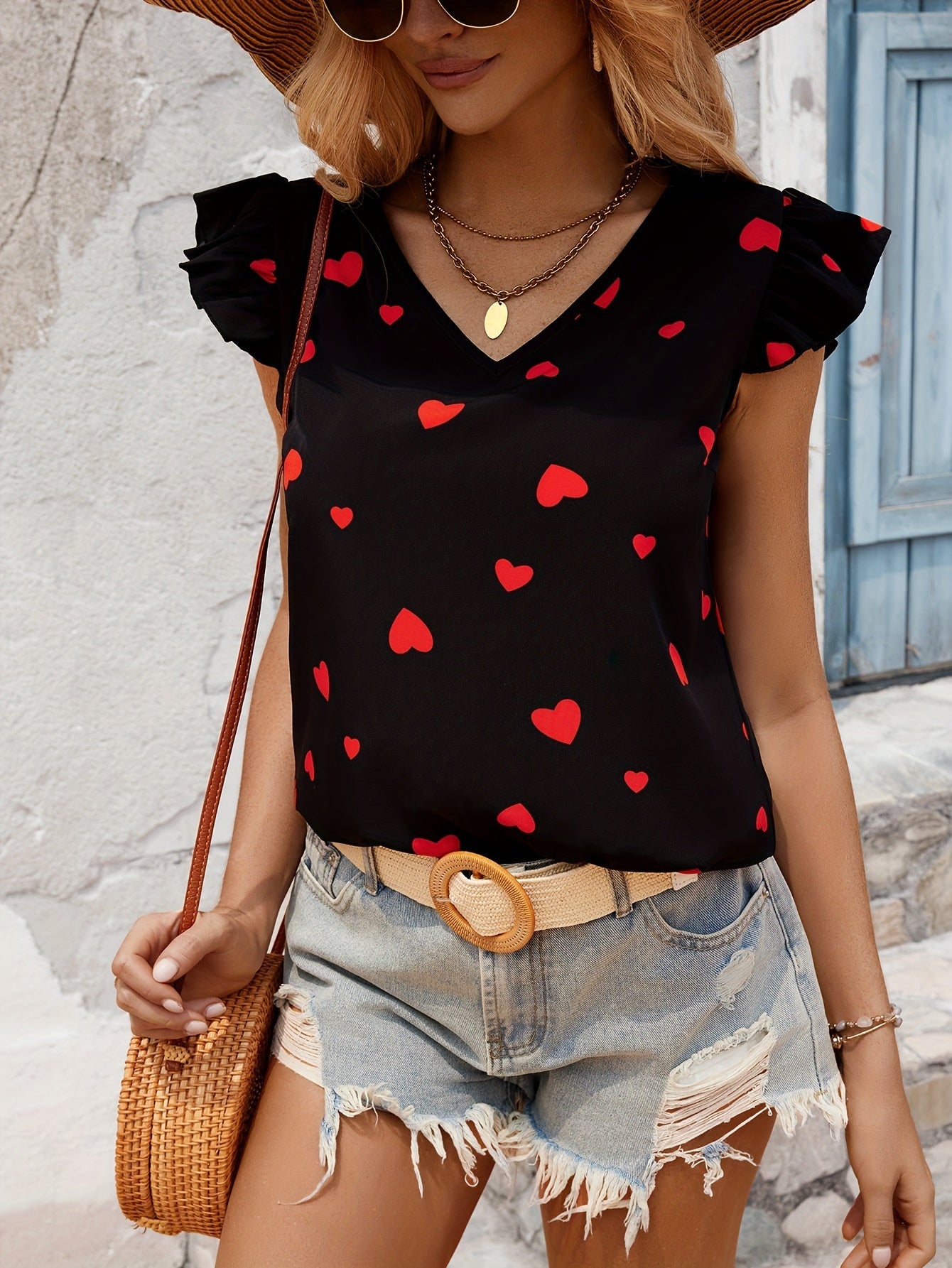 Heart Print Ruffle Trim Blouse, Casual V-neck Blouse For Spring & Summer, Women's Clothing