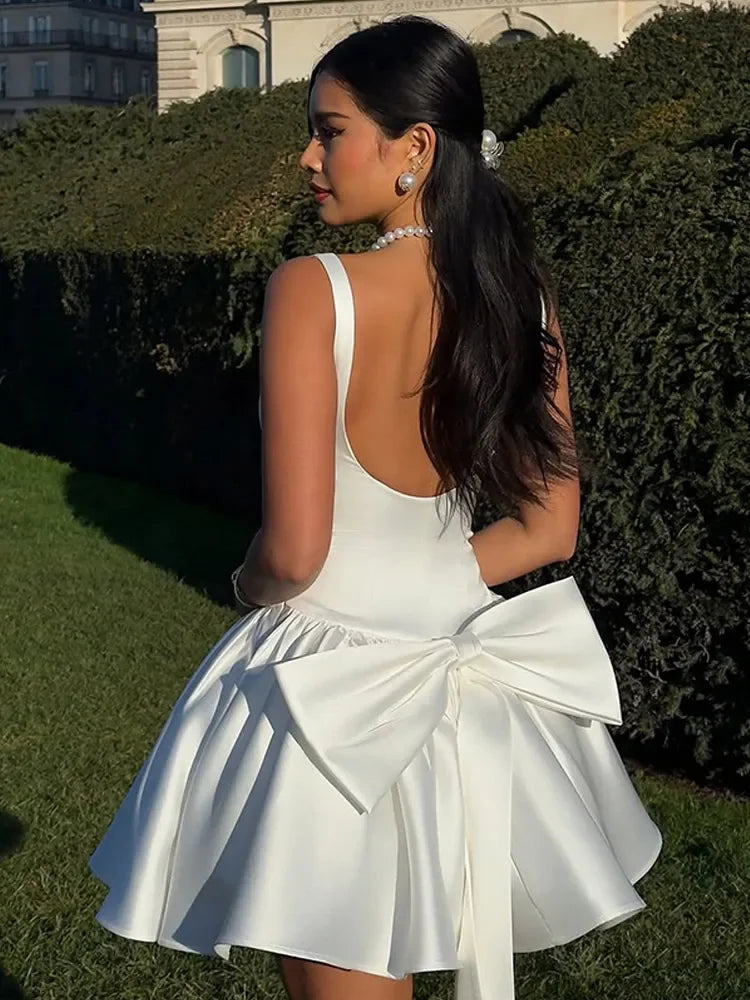 Elegant Satin Solid Color Women's Camisole Dress Chic Bow Backless High Waisted Vestidos New Sleeveless High Street Dinner Gowns