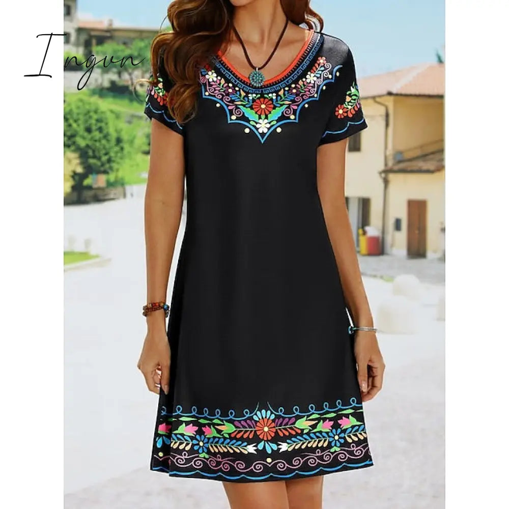 Ingvn - Women's Casual Dress Ethnic Dress Shift Dress Mini Dress Black White Light Green Short Sleeve Floral Print Spring Summer Crew Neck Basic Daily Vacation Loose Fit 2023 S M L XL XXL