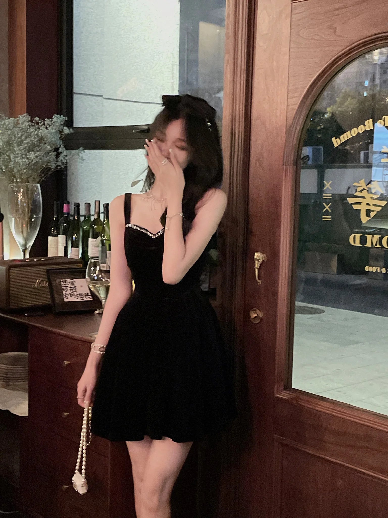 Elegant Wedding Party Black Velvet Midi Dresses for Women Autumn Square Neck Long Sleeves Evening Prom Mini Female Clothing