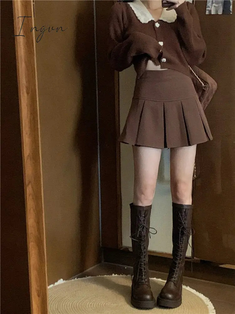 Ingvn - Vintage Knitted Suit Women's Spring Korean Style Warm Mini Skirts Trend Chic Elegant Sweater Women's Skirt and Cropped Set