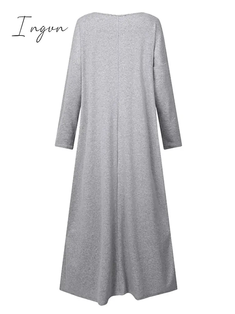 Ingvn - Women's Plus Size Casual Dress Solid Color V Neck Long Sleeve Winter Fall Basic Casual Maxi long Dress Daily Vacation Dress