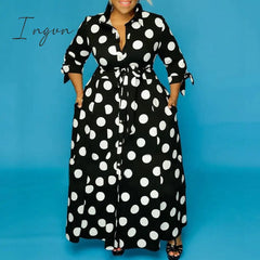 Ingvn - Black and White Polka Dot Dress Plus Size 4xl 5xl Floor Length Long Sleeve Single Breasted Autumn Fashion Party Dinner Dress Hot
