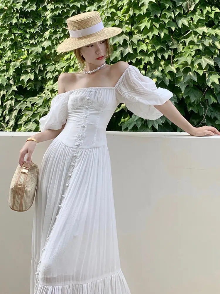 Ingvn - Women Dress 2023 Summer French Elegant Temperament Seaside Vacation Clothes Puff Sleeve Square Neck White Beach Dresses