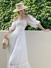 Ingvn - Women Dress 2023 Summer French Elegant Temperament Seaside Vacation Clothes Puff Sleeve Square Neck White Beach Dresses