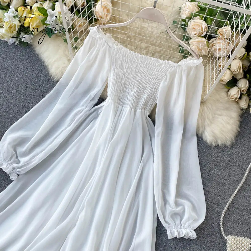 Ingvn - New Spring Autumn Dresses for Women Women Elegant Holiday Dresses Puff Sleeve Slash Neck Off Shoulder Smocked White Chiffon Dresses