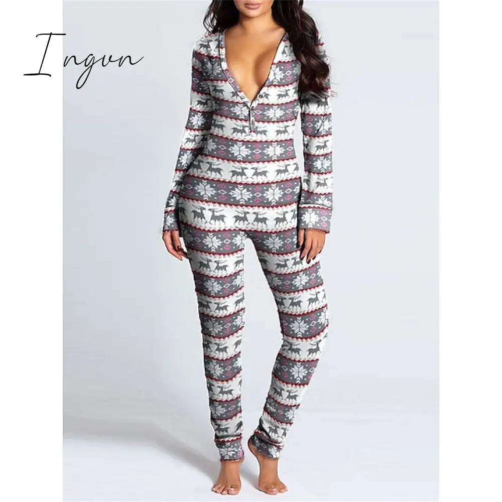Ingvn - Women's Pajamas Jumpsuit Elk Snowflake Casual Comfort Soft Home Christmas Daily Polyester Breathable V Wire Long Sleeve Hole Fall Winter White Red