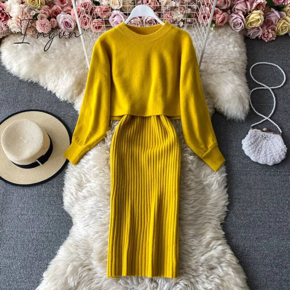 Ingvn - New Fashion Autumn Winter Women's Thicken Warm Knitted Pullover Sweater Two-Piece Suits +High Waist dress Set