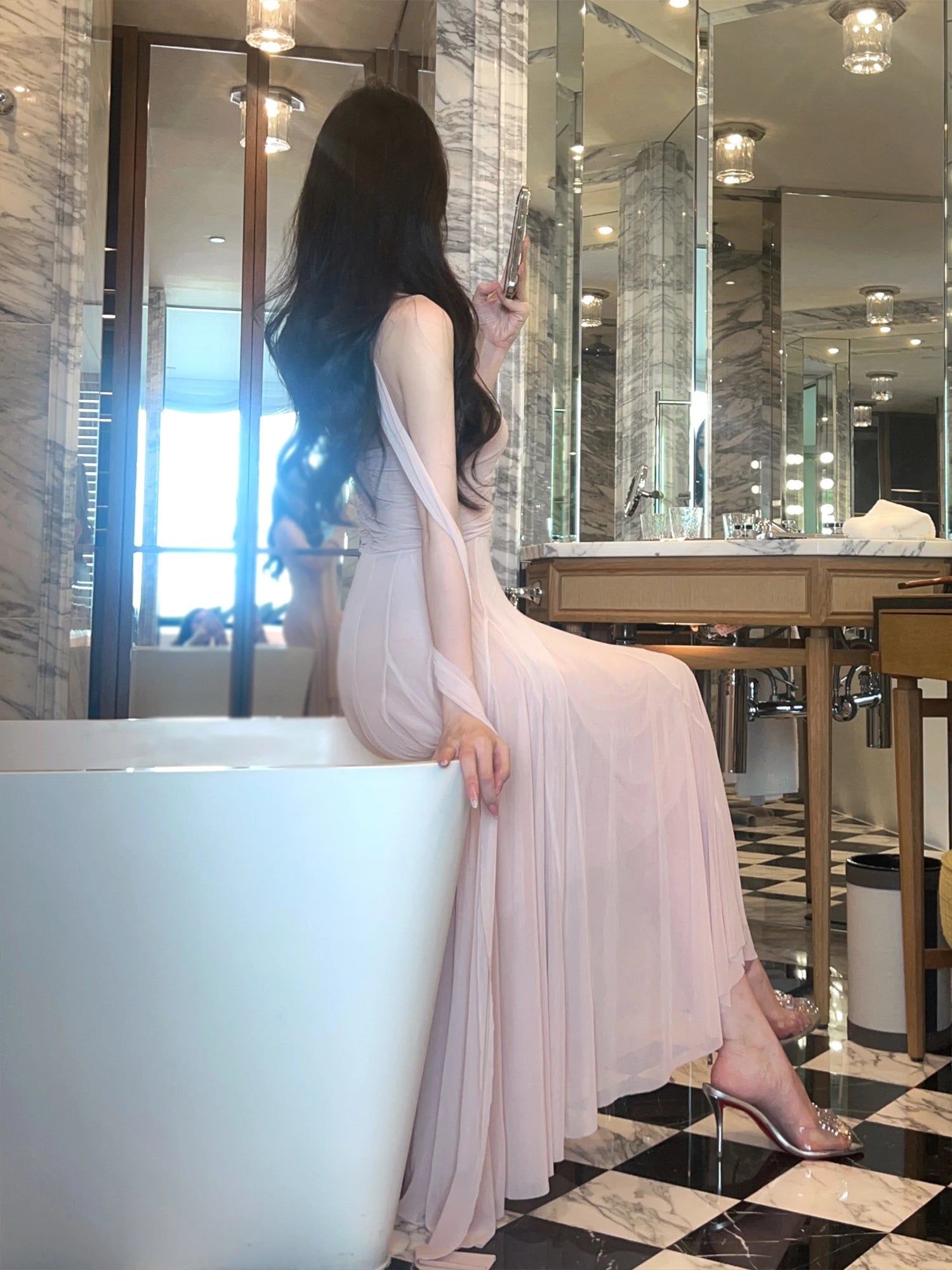Elegant Wedding Evening Party Midi Dresses for Women Summer New Spliced Mesh French Sexy Sleeveless Pink Female Clothing
