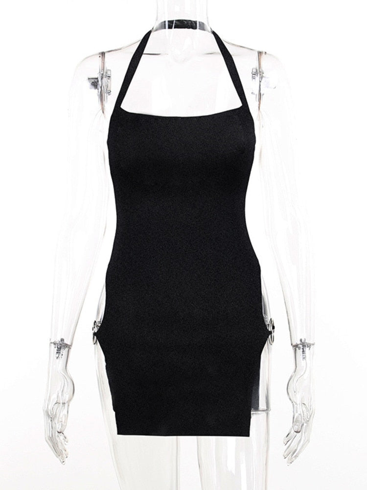 Metal Circle Split Mini Dress For Women Summer New Black Halter Backless Sleeveless Bodycon Short Dress Vestidos
