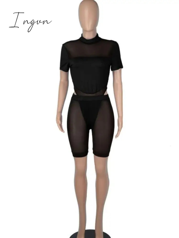 Ingvn - Sexy Mesh Sheer Spliced Two Piece Set Tracksuit Women Bodysuit Pants Summer Clothes Vacation Club Outfits Matching Sets
