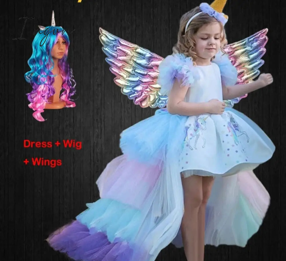 Ingvn - Christmas Girls Unicorn Dress with Long Tail + Wings Wig Hairband Baby Girl Princess Birthday Party Ball Gown Kids Horse Clothes