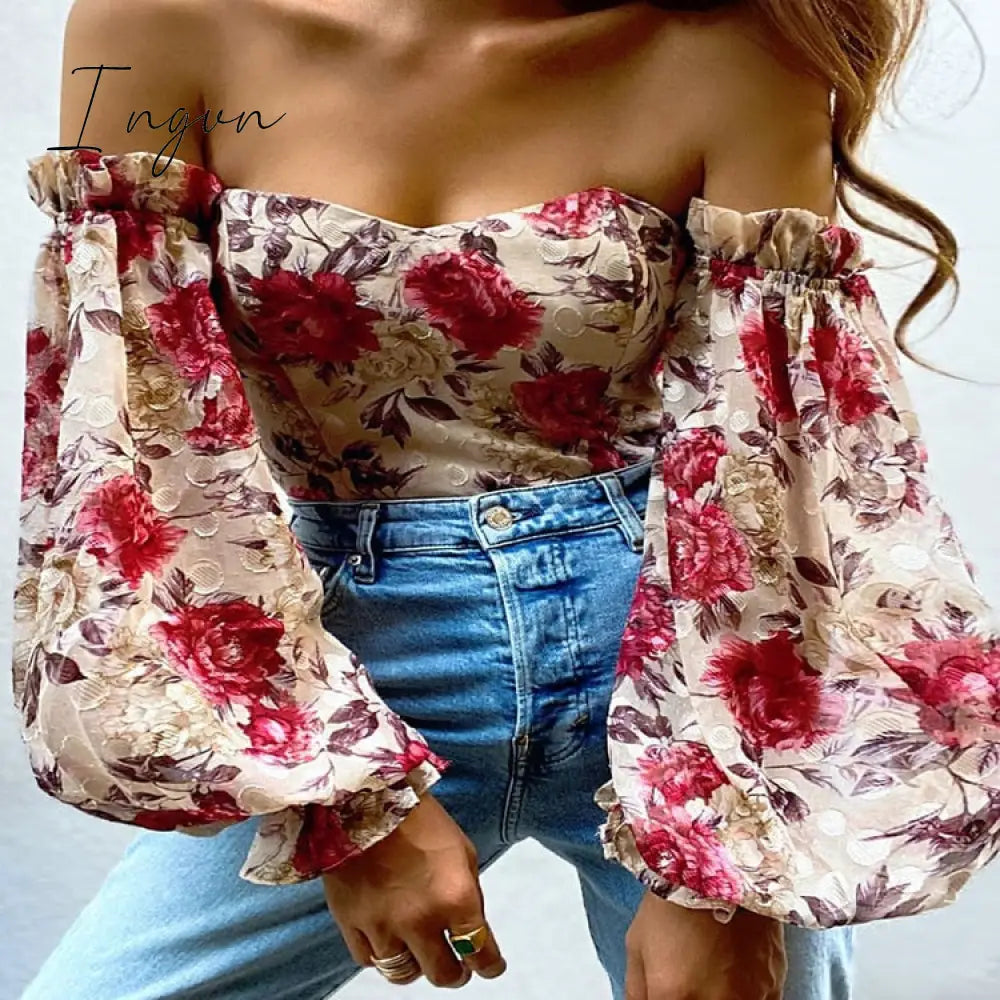 Ingvn - Summer Sexy Off The Shoulder Blous Women Fashion Slash Neck Tube Top Floral Puff Sleeve Blouse Women