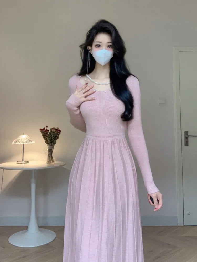 Elegant Casual Pleated Knitted Dress for Women Korean Autumn Slim A Line Sweater Dresses Long Sleeve One Piece Female Clothes