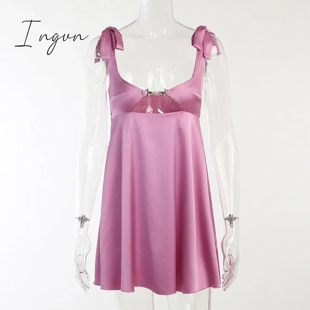 Ingvn - Women Clothing Sexy Temperament Commuter Solid Color Bandage One-neck Dress Spring and Summer New French Satin Mini Skirt