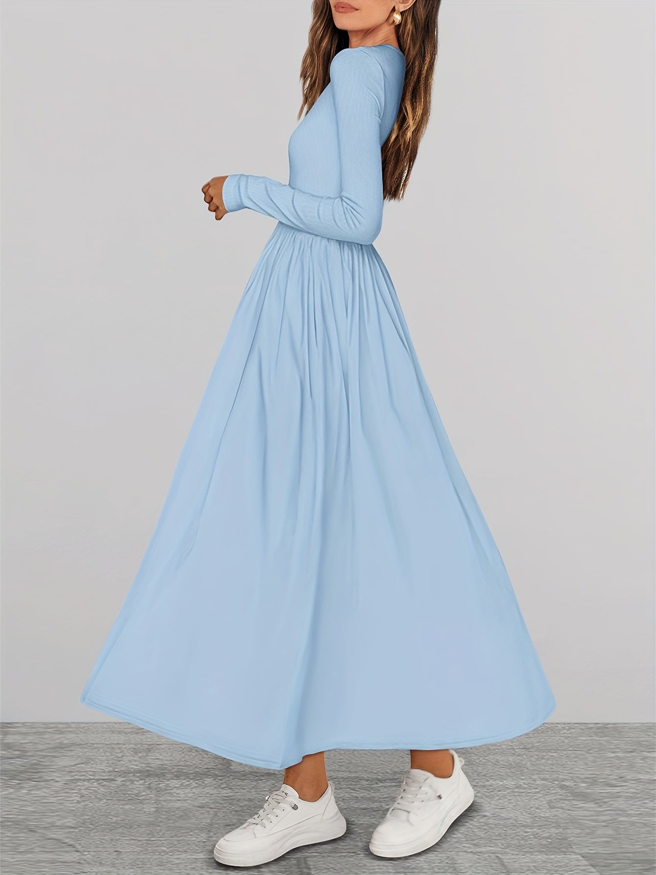Ladies Casual Long Sleeve Wedding Guest Dress Fall Dress Elegant Bohemian Style Flowing Mid-length Dress With Pockets