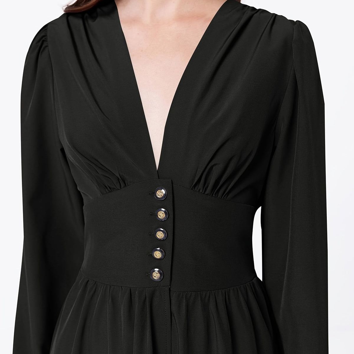 Deep V Neck Button Waist Dress, Elegant Long Sleeve Maxi Dress For Cocktail & Wedding Party, Women's Clothing