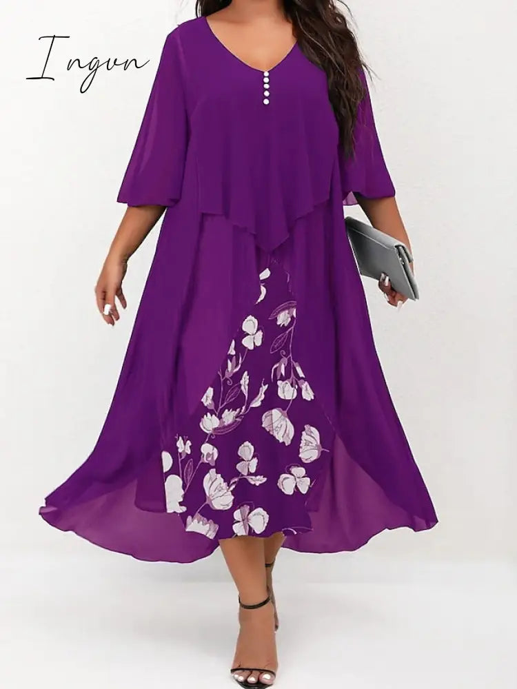 Ingvn - Women's Plus Size Curve Work Dress Floral V Neck Ruched 3/4 Length Sleeve Spring Summer Work Elegant Midi Dress  Layered Formal Vacation Dress
