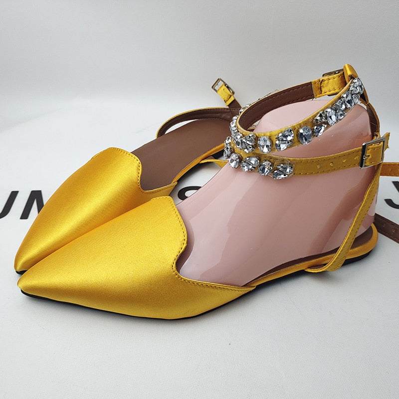 Shiny Crystal Flat Heels Gladiator Sandals Women Summer Pointed Toe Pink Party Shoes Woman Plus Size 42 Ankle Straps Pumps