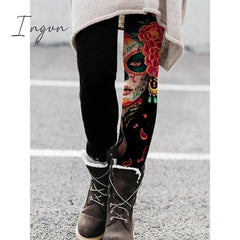Ingvn - Women's Tights Leggings Full Length Print Stretchy High Waist Fashion Halloween Casual Daily Red & White Green S M