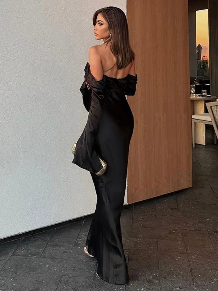 Elegant Women's Backless Satin Autumn Evening Dress Female Flare Long Sleeve Split Maxi Dress Femme Chic Slim Party Dresses