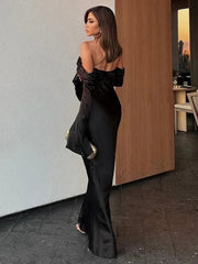 Elegant Women's Backless Satin Autumn Evening Dress Female Flare Long Sleeve Split Maxi Dress Femme Chic Slim Party Dresses