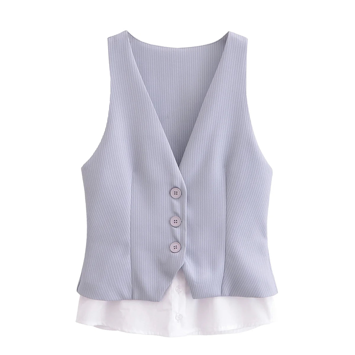 Women Patchwork Striped Temperament Vest Front Button V Neck Sleeveless Waistcoat Spring Summer Chic Tops