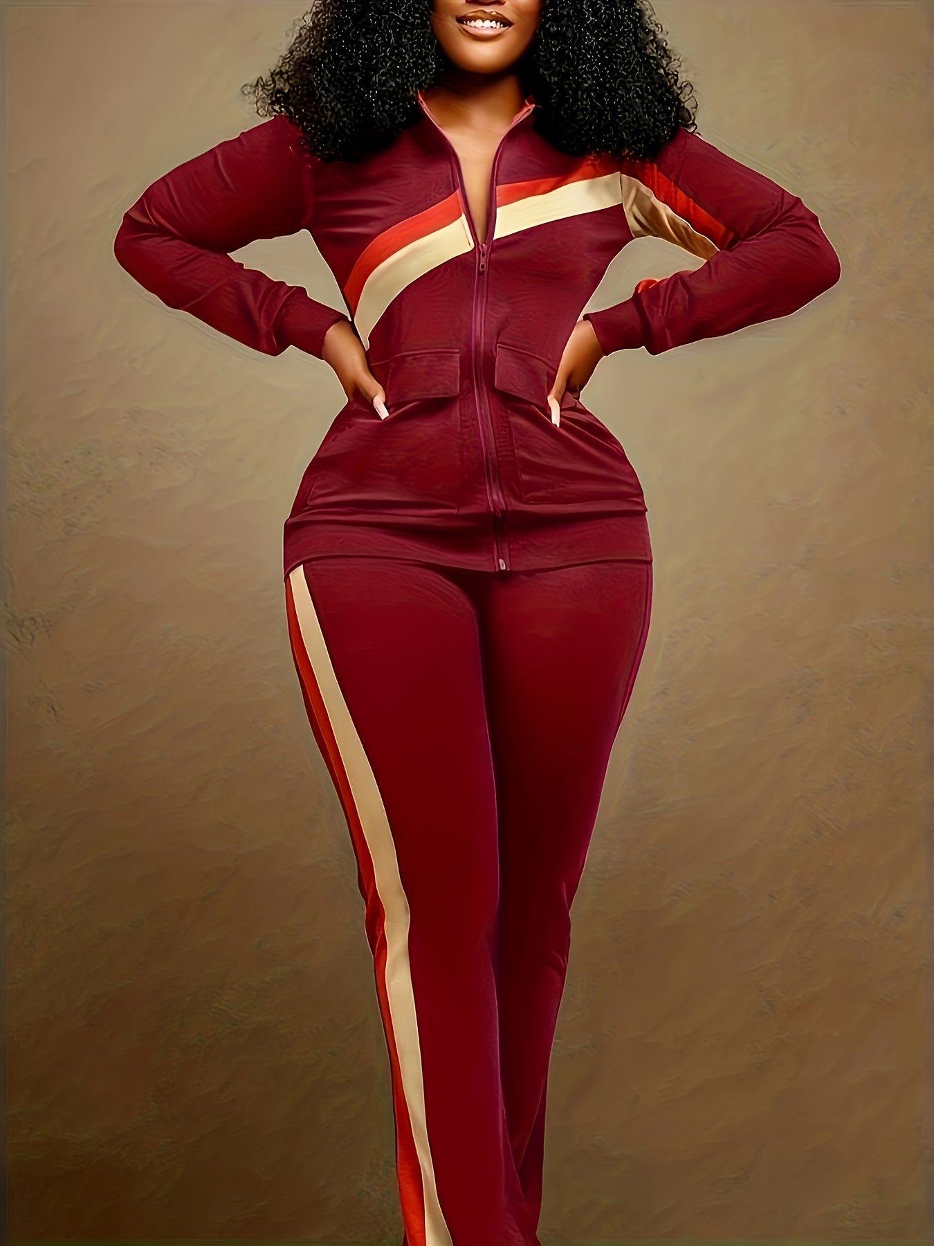 Two-piece Set, Long Sleeve & Long Length, Zip Up, Striped Print Retro Outfits, Women's Clothing