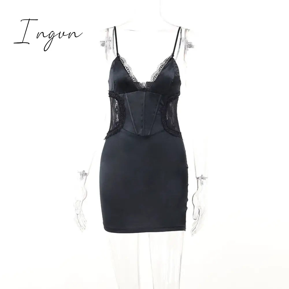 Ingvn - Hollow Out Backless Sexy Mini Dress For Women Robe Summer New Spaghetti Strap Deep V Neck Cut Out Party Short Dress