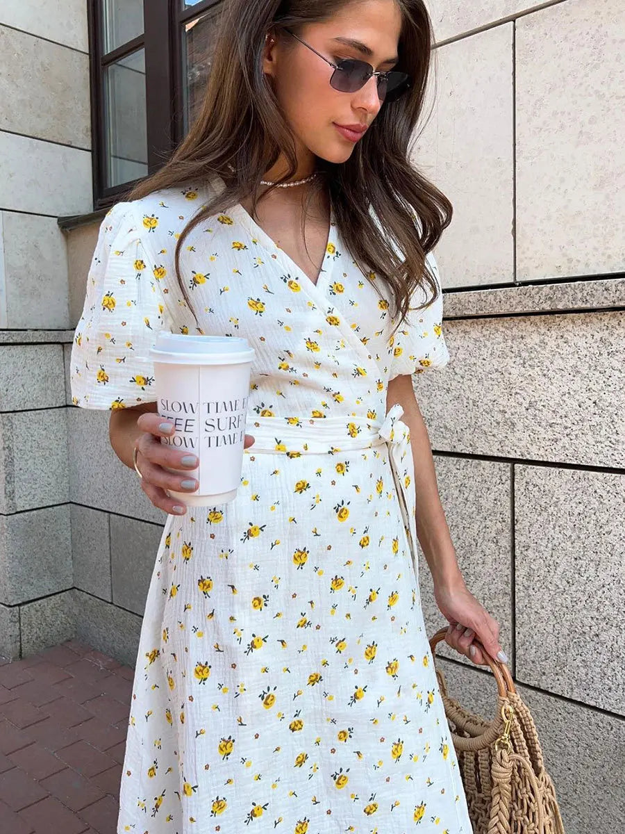 Ingvn  Women's V-neck Short Sleeve Floral Printed Cotton Dress Fashion Streetwear  High Waist Bandage A-line Long Holiday Dresses