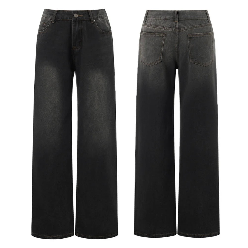 Women Jeans Low Waist Solid Color Wide Leg Straight Trousers with Pockets for Daily Streetwear Fashion Denim Pants