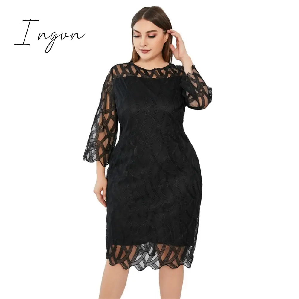 Ingvn - Summer Women Lace Slim Patchwork Party Dress Office Ladies Round Neck Flare Sleeve Stretch Bodycon Plus Size Dresses