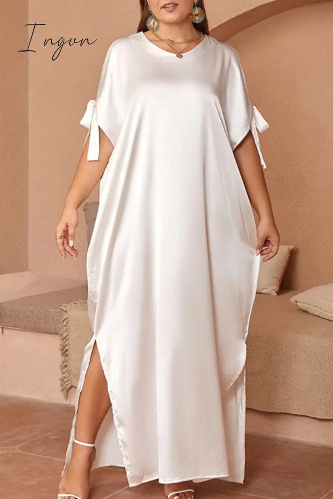 Ingvn - Casual Solid Frenulum Slit O Neck Long Dress Plus Size Dresses