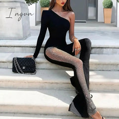 Ingvn - Patchwork Diamond Fishnet Bodycon Women Jumpsuit Black One Shoulder Long Sleeve Jumpsuit Lady Sexy Evening Party Clothes