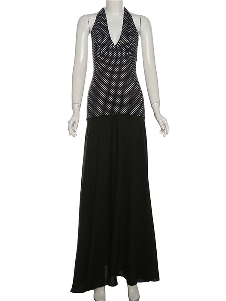 V-Neck Summer Fashion Maxi Dress For Women Contrast Patchwork See-Through Elegant Dress Slim Backless Lace-Up Long Dress
