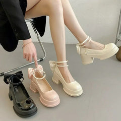 Fashionable Versatile Women's Shoes Spring New Style French Pearl Thick Heel Small Leather Shoes Polyamide Sole Rubber Upper