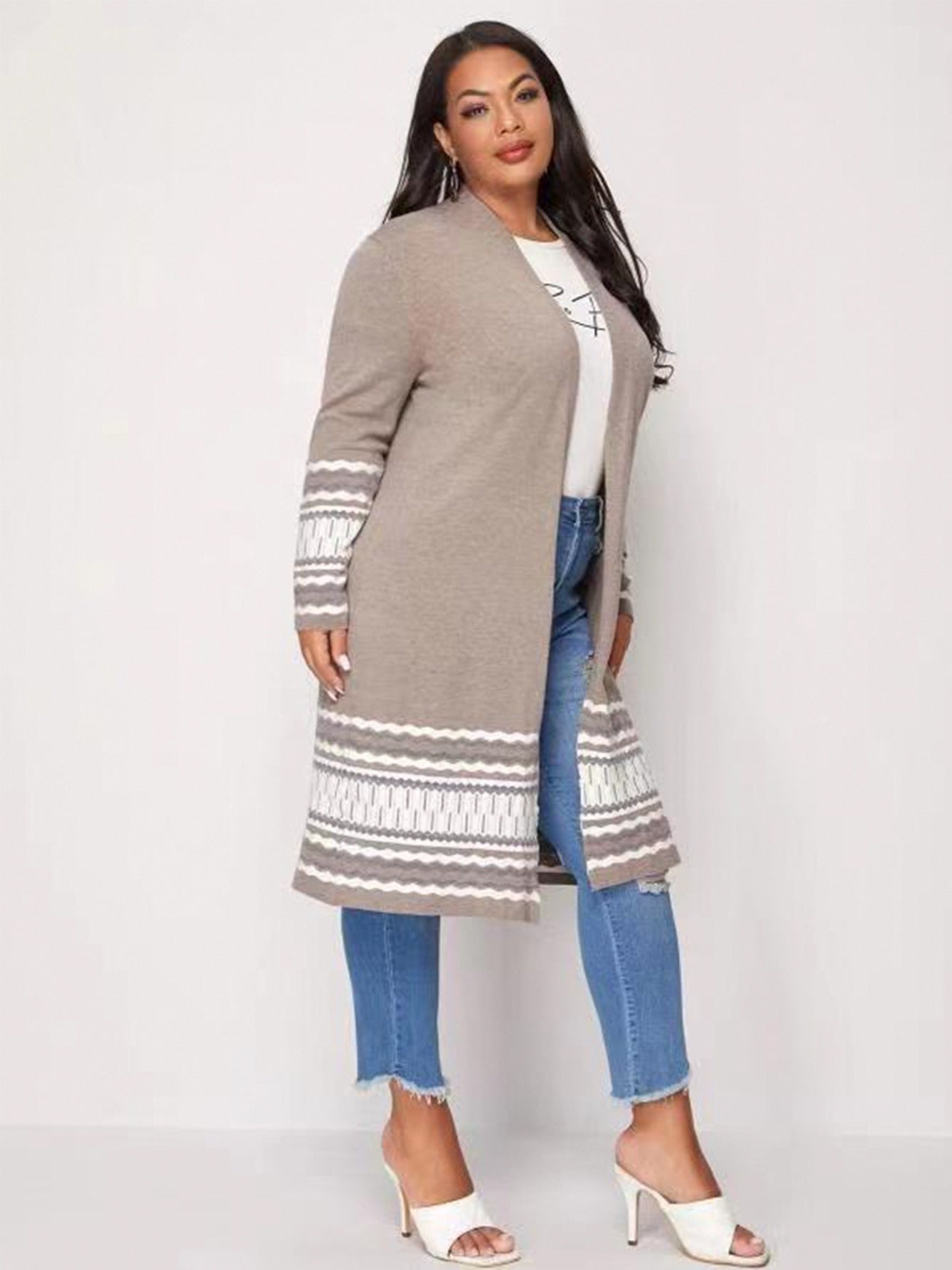 Women's Plus Size Long Casual Colorblock Knit High Stretch Sweater Cardigan