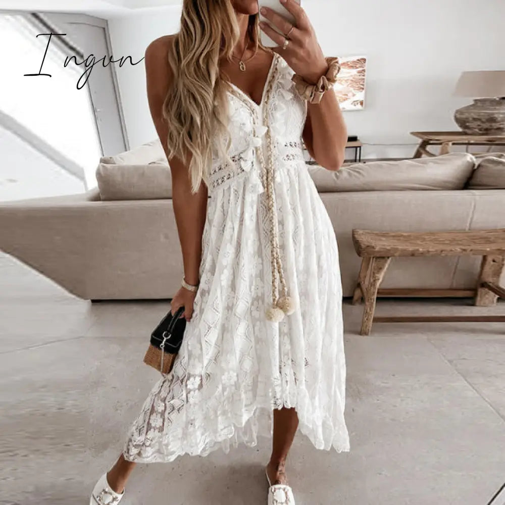 Ingvn - Women Fashion Trends Off Shoulder Lace Patchwork Elegant Dress Women Summer V Neck Spaghetti Strap Dress Female New Fashion Solid Party Dresses