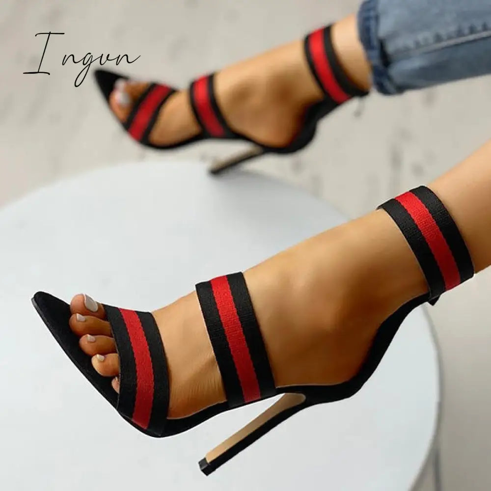 Ingvn - Stripes Open Toe Thin Heels
