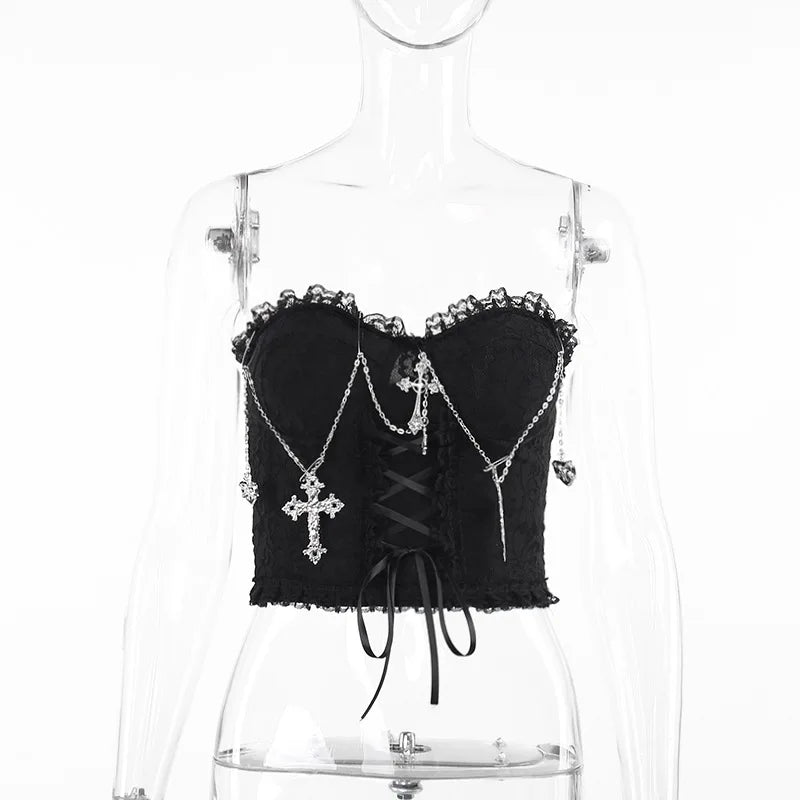 Emo Gothic Cross Chain Crop Tube Top Women's Sexy Harajuku Ruched Lace Trim Strapless E Girl Hippie Party Grunge Tops